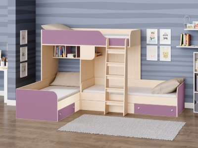Двухъярусная кровать Трио дуб молочный/фиолетовый